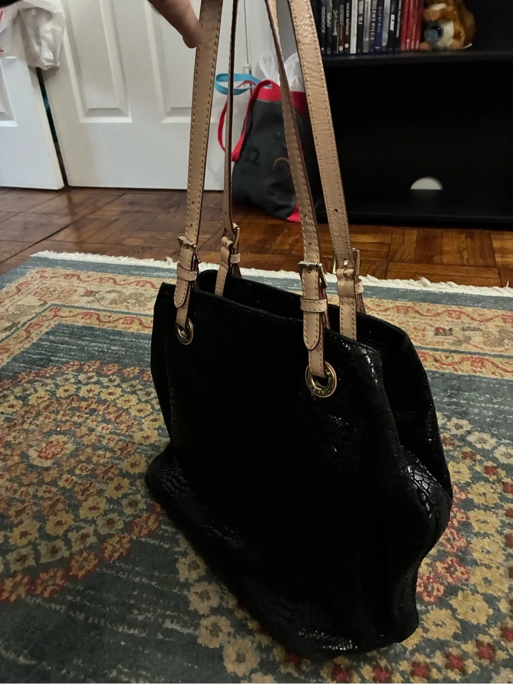 Michael Kors Black Faux-Snakeskin Shoulder Tote with Beige Straps
